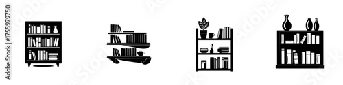 Unique black and white bookshelf illustrations showcasing various designs and styles for home decor enthusiasts