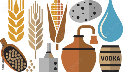 Vodka Ingredients Illustration Wheat, Corn, Potato, Water, Yeast, Still, Distillation, Barrel. Flat Design