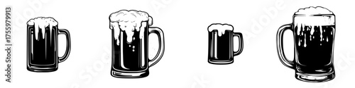 Varied sizes of frothy beer mugs displayed together at a bar setting highlighting different serving portions
