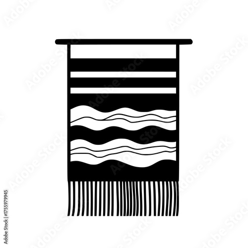 Wall hanging with bold black and white patterns showcasing wavy designs and fringed edges, perfect for home decor enhancement