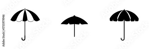 Different styles of umbrellas displayed on a plain background showcasing variations in design and shape