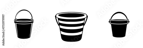 Different styles of buckets displayed in a minimalist design, showcasing various shapes and patterns suitable for various uses