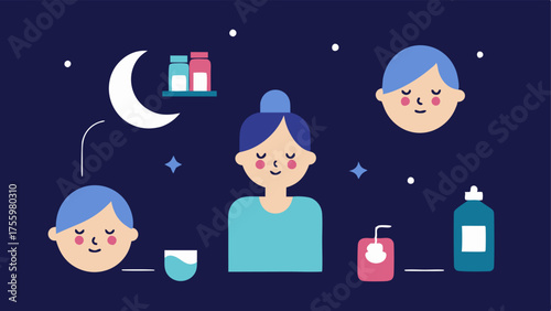 Application Routine A sequence of illustrations showing the steps of nighttime skincare cleansing applying the night cream and settling down to sleep.