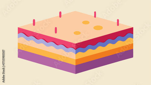 3D Skin Model A threedimensional representation of skin layers with a crosssection showing nano particles evenly distributed throughout the upper dermis.