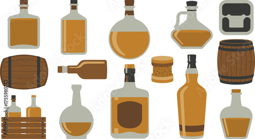 Whiskey Bottles, Barrel and Crate Illustration Liquor Containers Collection Isolated