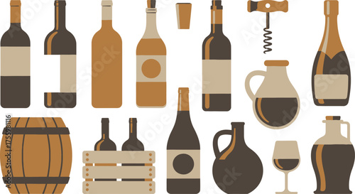 Wine Bottles, Carafe, Corkscrew, Glass and Barrel in Brown Tones on White Background