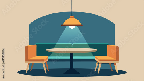 A dining nook with a builtin bench and a round table. A large pendant light hangs above the table providing a soft glow.