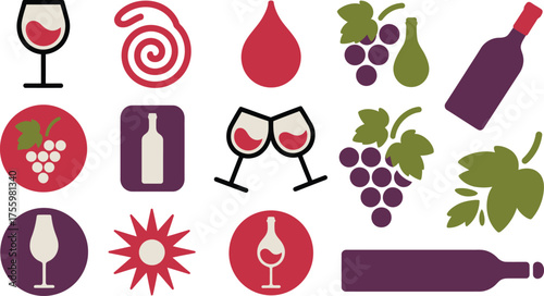 Wine Icons Wine Glasses, Wine Bottles, Grapes, and Decorative Accents Illustration