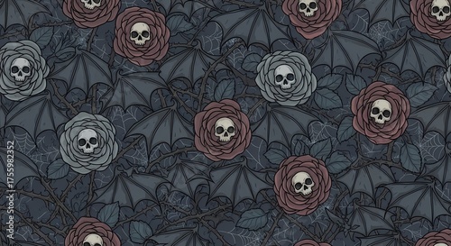 Gothic Seamless Pattern Skull Roses, Bat Wings, and Spiderwebs