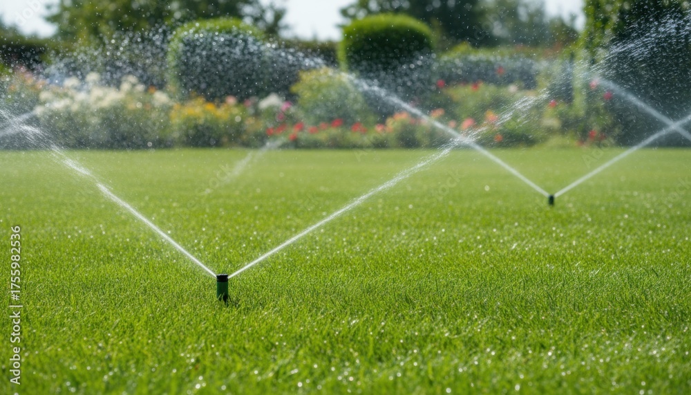 Fototapeta premium Medium shot capturing sprinkler irrigation system in action water droplets evenly falling on lush green lawn showcasing automated coverage for healthy plant maintenance.