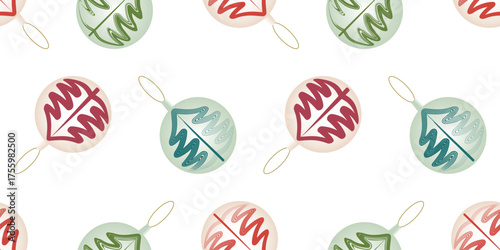 Decorative christmas balls with drawn abstract green red fir trees, seamless pattern, vector, wallpaper, wrapper, paper, white background