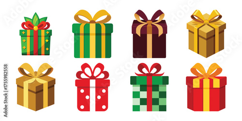 Gift Boxes: An array of vibrantly designed gift boxes, each adorned with a unique ribbon and bow, creates a visually appealing display for any festive occasion or celebratory event.