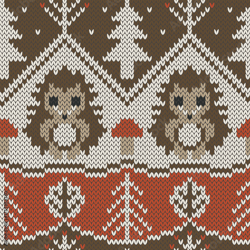 Cute hedgehogs in forest knitted seamless pattern. Winter background for ugly sweater or any knit wear design. Vector illustration