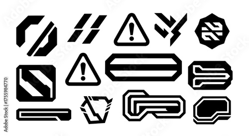 Collection of modern black vector icons. Abstract geometric shapes and warning signs for futuristic cyberpunk branding, high-tech logos, or sci-fi graphics.