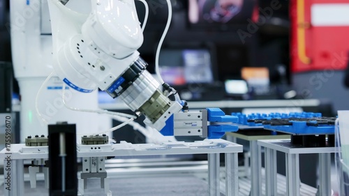 Robotic arm picking and placing components on assembly line. Media