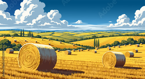Scenic countryside landscape with hay bales under a bright blue sky, perfect for rural themes and backgrounds