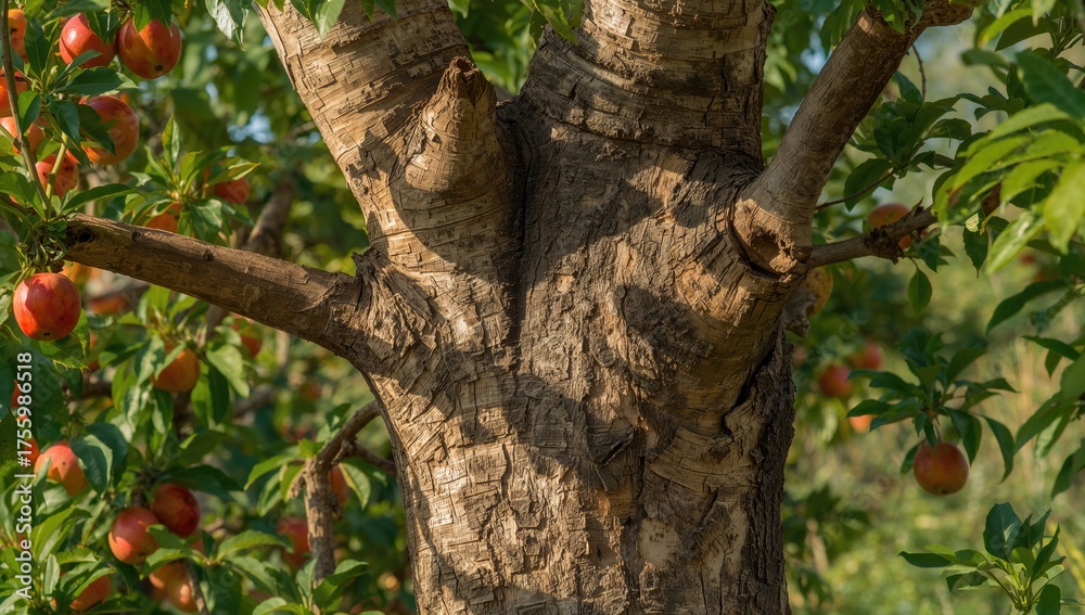 Fototapeta premium A sturdy fruit tree trunk emphasizing tree maintenance and horticulture.