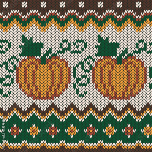 Pumpkin jacquard knitted seamless pattern for ugly sweater design. Vector illustration.