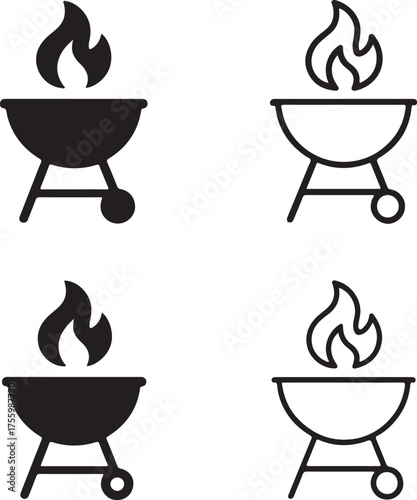 Isolated Grill icon set, grill barbecue symbol, outdoor grill flame, cooking food grill, solid black line outline filled, thin stroke vector, modern minimal BBQ cooking design