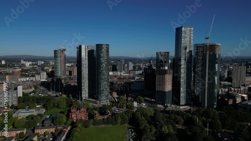4K: Aerial Drone shot of Manchester, UK City Centre in Day time. From Hulme Area. Stock Video Clip Footage