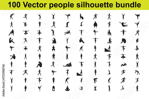 Vector art of a comprehensive collection of 100 vector people silhouettes, featuring a wide array of dynamic poses and actions this bundle is an invaluable asset for designers