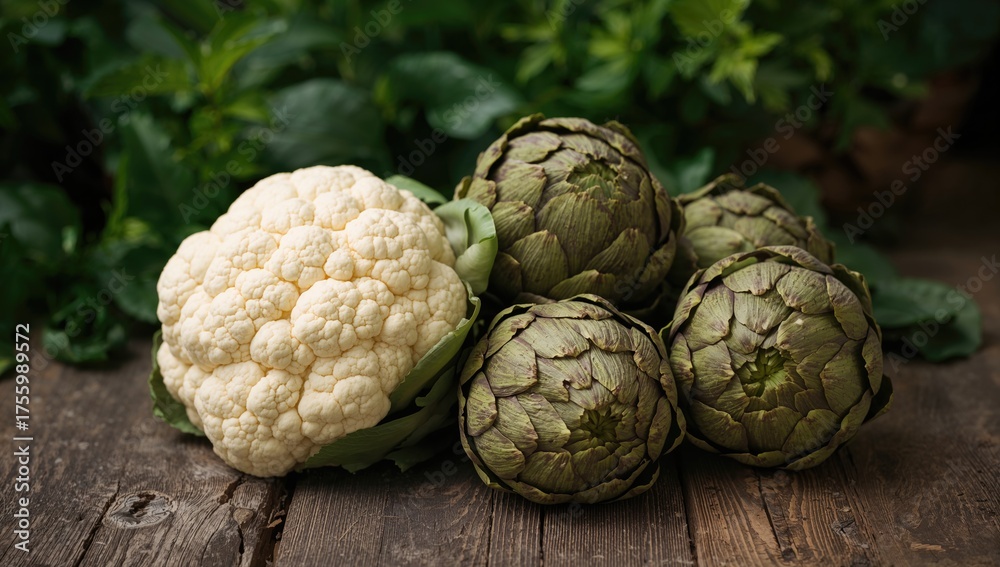 Fototapeta premium Wooden surface topped with artichokes and cauliflower