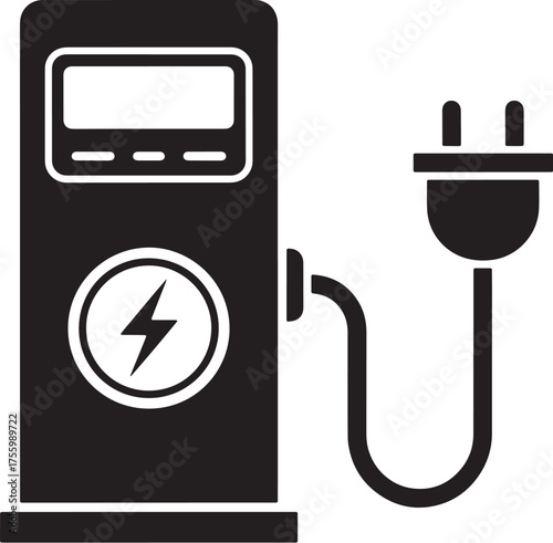 Electric vehicle charging station with plug ready for connection and use.