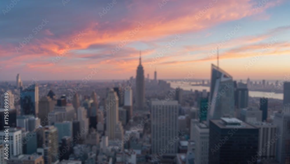 Fototapeta premium Panoramic view with blurred skyscrapers beneath a vibrant sky