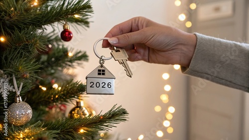 Hand with House Keychain and 2026 Charm Near Festive Tree - 5