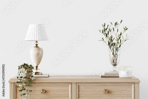 Fototapeta Naklejka Na Ścianę i Meble -  Home interior wall mockup with classic lamp, vase with branches, candle and chest of drawers on empty white background with free copy space. Close up of traditional decorated room. 3d rendering.