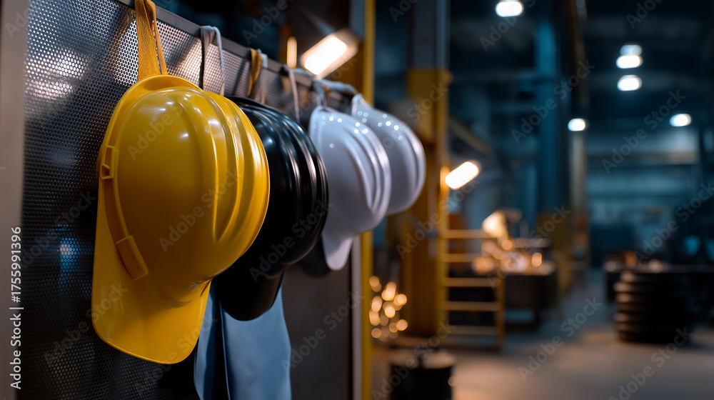 Fototapeta premium Cinematic workplace scene — safety gear hanging against steel wall, industrial equipment faintly visible, warm overhead light and calm composition, with copy space.