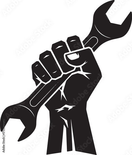 Clenched fist holding a large wrench symbol of labor.