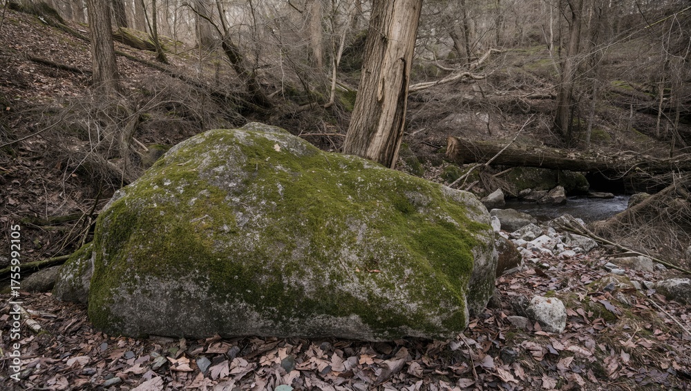Obraz premium A brown stone blanketed by vibrant green moss in a woodland setting
