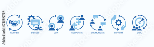 Partnerships For Success Icon Set Isolated Vector Illustration Concept With Icon Of Partner, Discuss, Join, Cooperate, Communicate, Support, Goal In Two Color Glyph Style