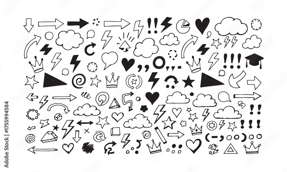 Obraz premium Variety of Hand Drawn Doodles a Fun and Whimsical Collection of Arrows Hearts Stars - Hand-Drawn Doodle Icons Set