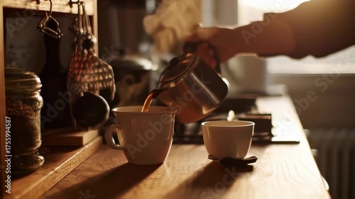 Pouring a Hot Beverage from Kettle into Cups in a Warm Kitchen Setting