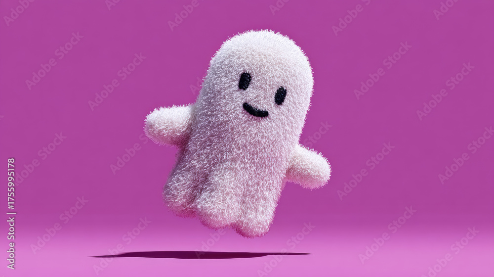 Fototapeta premium A cute embroidered ghost patch, designed in a soft and playful style, floating gently in the air, tilted at a diagonal angle, with a whimsical stitched appearance, On Purple white background.