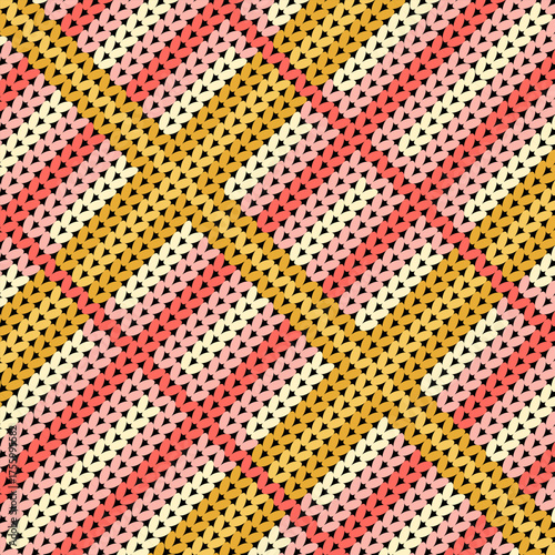 Warm retro knitted pattern in sunset coral and mustard tones. Ideal for textile prints, digital wallpapers, fashion design, or cozy craft backgrounds.
