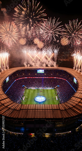 Celebrating Event with Fireworks Over Large Stadium Crowd