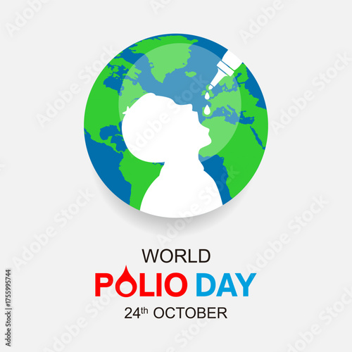 Poster for World Polio Day on October 24, showing a white silhouette of a child receiving vaccine drops, with the Earth in green and blue as the background, symbolizing global health awareness.