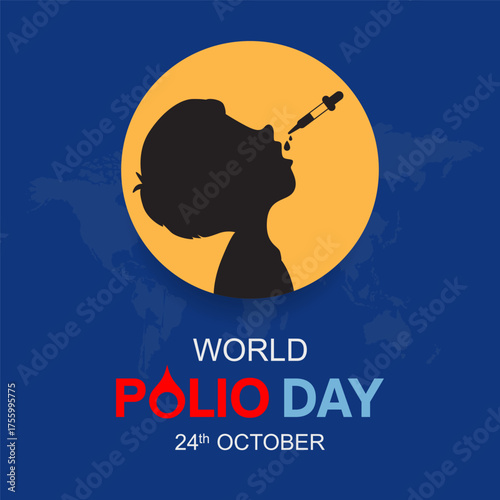 Silhouette of a child receiving polio vaccine drops with “World Polio Day” text on a blue background.