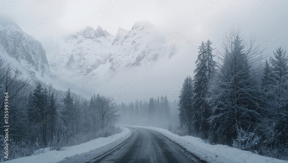 Fototapeta premium A mist-covered pathway flanked by snowy peaks, created with AI generation tools