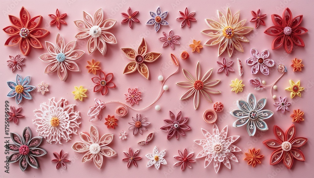 Fototapeta premium Colorful handcrafted paper flowers created using quilling on a pink backdrop