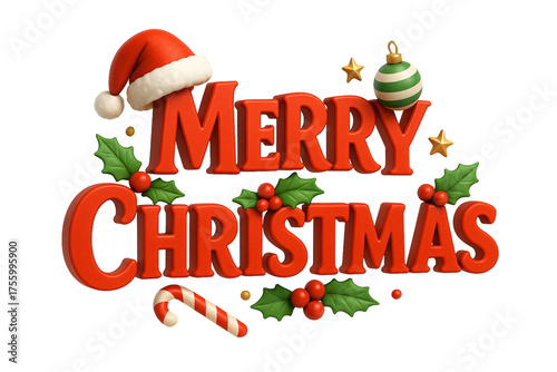 “Merry Christmas” text with holly leaves and ornaments. Festivity. Classic. Holiday mood.