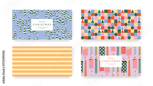 Set of Merry Christmas cards with geometric shapes, trees, stripes, and festive candles on colorful backgrounds. Modern winter holiday designs for greeting cards, posters, and social media banners