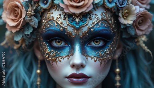 A mask with golden patterns and flowers. Eyes under blue makeup, pale skin, pink lips. Carnival of Venice, magical atmosphere