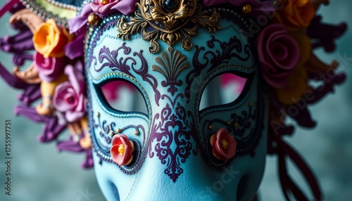 A mask with golden patterns and flowers. Eyes under blue makeup, pale skin, pink lips. Carnival of Venice, magical atmosphere