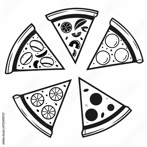 A circular arrangement of five stylized black and white pizza slices featuring various toppings