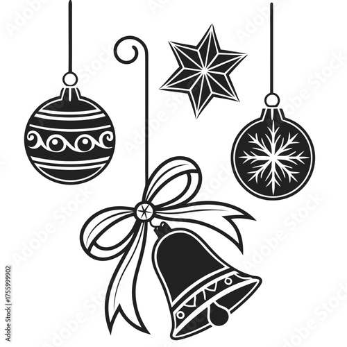Black and white graphic illustration of festive christmas ornaments including baubles stars and a bell with a bow on a white background