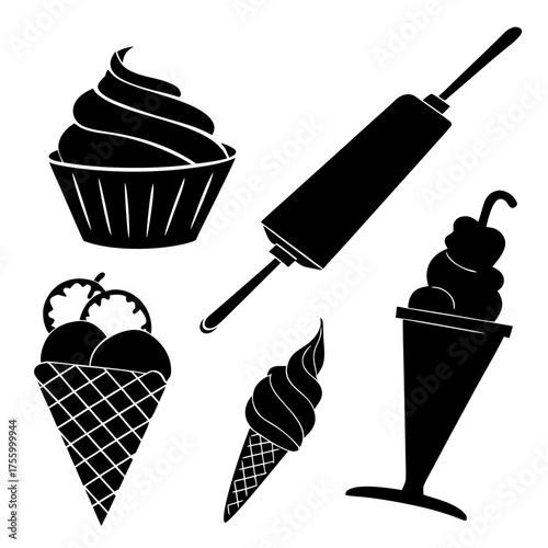 Collection of black silhouette icons featuring various ice cream desserts and a rolling pin on a white background